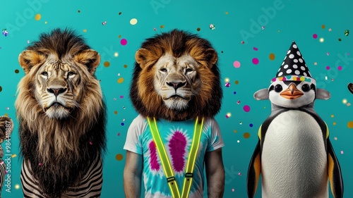 A whimsical scene featuring lions and a penguin in vibrant costumes against a colorful background, celebrating fun and creativity.