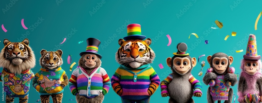 Fototapeta premium Colorful animal characters in festive attire celebrate with confetti and excitement, perfect for fun and cheerful themes.