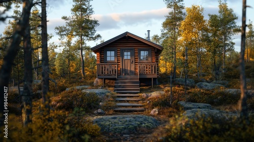 Cozy Wooden Log Cabin Nestled in a Serene Autumn Forest