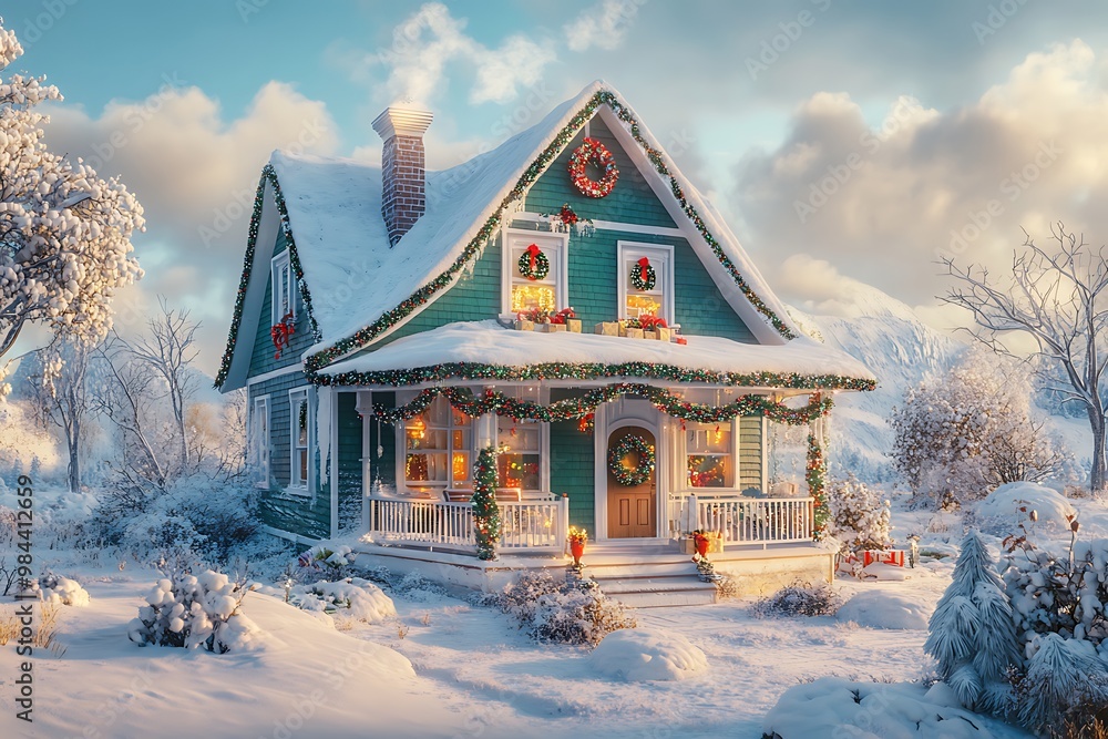 Fototapeta premium Stylish Christmas lights on the roof of your home, creating an enchanting and festive atmosphere for all to enjoy. A well-lit house with white LED Christmas light decoration