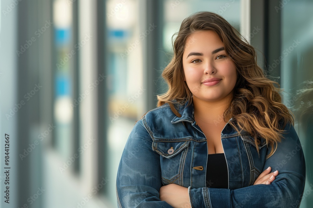 Confident Plus-Size Woman Wearing a Jean Jacket in a Contemporary Office Building Confident Plus-Size Woman Wearing a Jean Jacket in a Contemporary Office Building