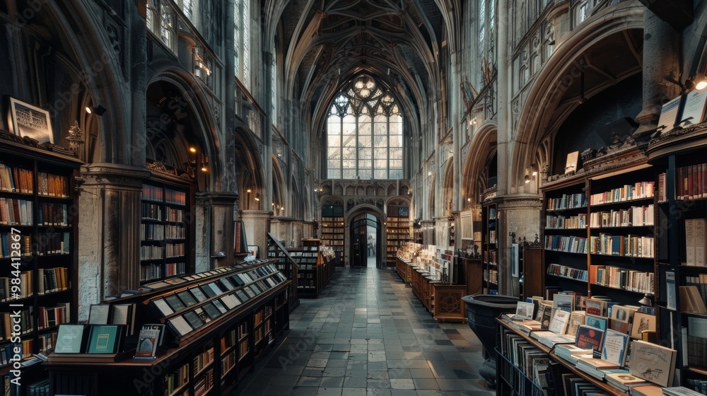 Majestic Gothic Style University Library Interior with Towering Bookshelves and Medieval Architecture Majestic Gothic Style University Library Interior with Towering Bookshelves and Medieval Architecture