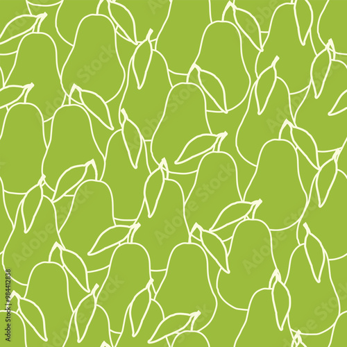 Seamless vector pattern white pear-shaped outline brat green background. Summer fruits background