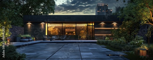 Panel kuchenny z motywem A contemporary dark slate exterior design studio, focusing on urban public space projects, located in an architectural hub of the city