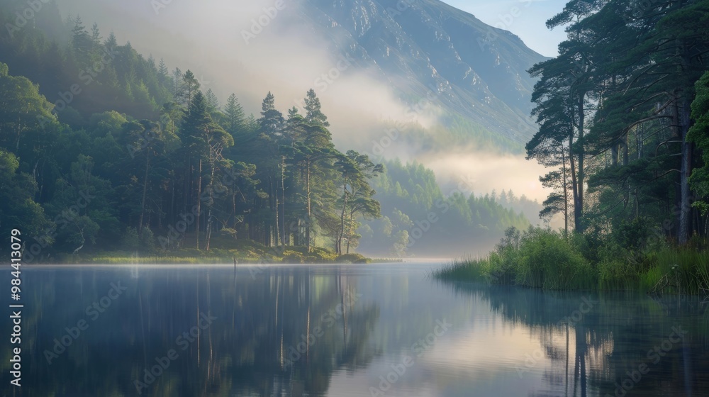 Serene Lake Surrounded by Tall Trees and Misty Mountains in Early Morning Light Serene Lake Surrounded by Tall Trees and Misty Mountains in Early Morning Light
