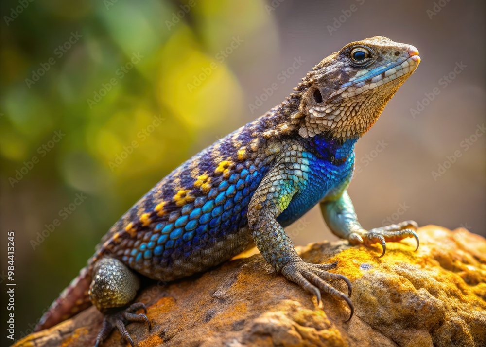 On a rock in its natural habitat, a Western fence lizard perches, showcasing its dazzling scales in shades of brown, pink, and gold. On a rock in its natural habitat, a Western fence lizard perches, showcasing its dazzling scales in shades of brown, pink, and gold.