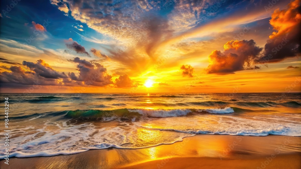 Obraz premium Orange and yellow hues illuminate the horizon, where gentle waves and golden sands converge in a peaceful and visually stunning setting.
