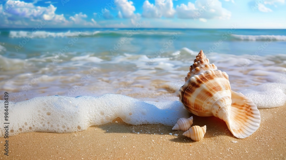 A beautiful shell image on a sandy beach. The shell has unique colors and patterns. It lies on the beach, surrounded by grains of sand A beautiful shell image on a sandy beach. The shell has unique colors and patterns. It lies on the beach, surrounded by grains of sand