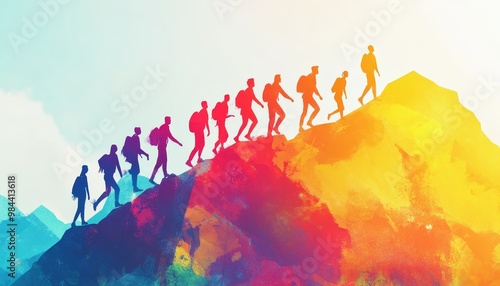 Collaborative Teamwork for Success - AI-generated design of people helping each other to achieve goals, symbolizing motivation and unity, with copy space for text.