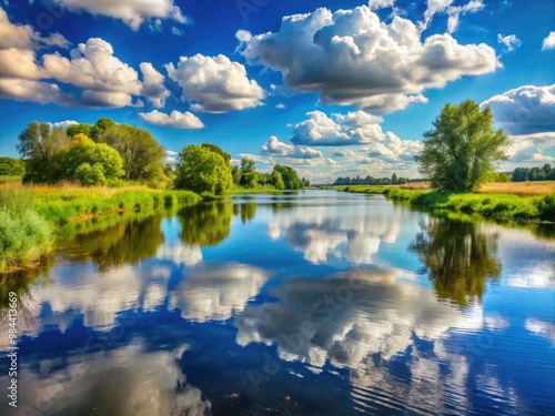 Peaceful scenery unfolds as sparkling water mirrors the brilliant blue sky and puffy white clouds on a sun-kissed day along a winding river.