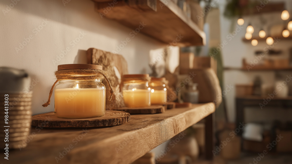 Honey jars on rustic wooden shelves