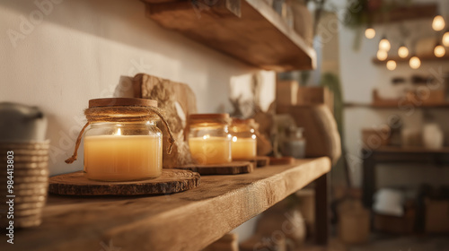 Honey jars on rustic wooden shelves