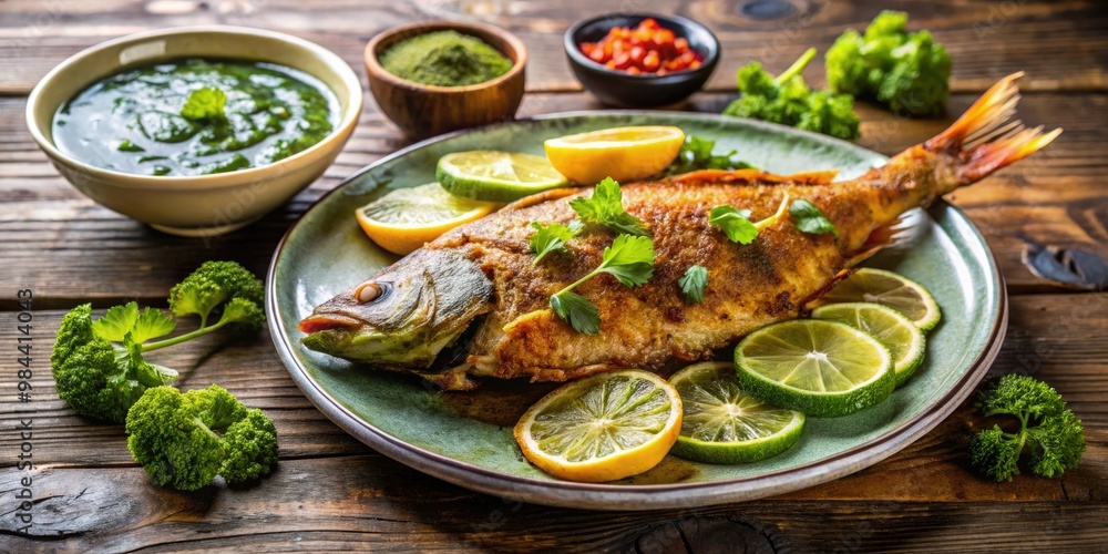 Punjabi delight, crispy fried fish paired with refreshing mint chutney and a squeeze of lemon, a flavorful experience from Amritsar. Punjabi delight, crispy fried fish paired with refreshing mint chutney and a squeeze of lemon, a flavorful experience from Amritsar.