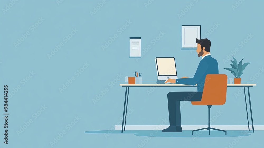 Minimalist 2D Illustration of Man Working at Desk in Office with Computer, Digital Productivity Concept, Copy Space for Text Minimalist 2D Illustration of Man Working at Desk in Office with Computer, Digital Productivity Concept, Copy Space for Text