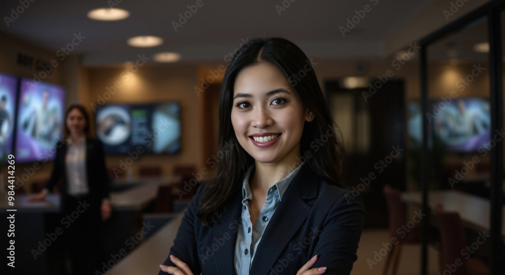 Fototapeta premium junior receptionist manages, employee engagement at work, comfortable suit and button-up shirt, subtle background with team member, dramatic lighting, wide banner design