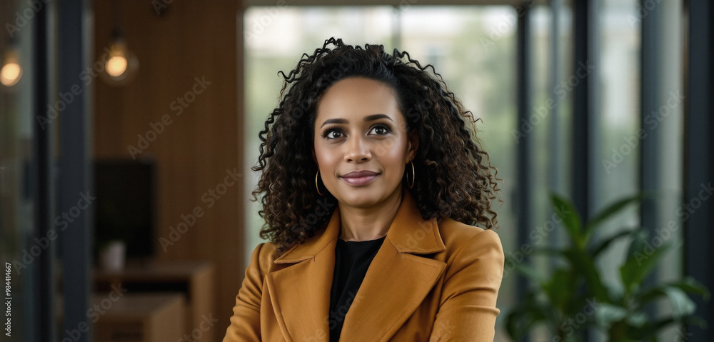 Fototapeta premium businesswoman, bold overcoat, work life balance, calmness, golden ratio with negative space, blurred backdrop during morning, portrait banner design