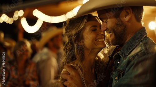 Couple Dancing Under String Lights at a Country Party, Loved One Smiling, Joyful and Romantic Moment Captured.