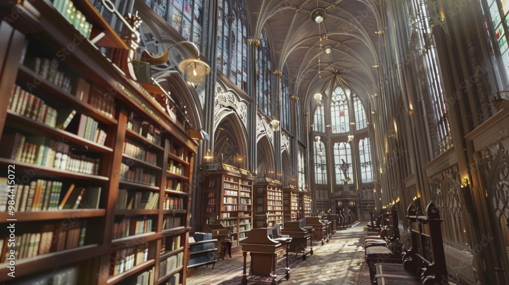 Majestic Medieval Library with Towering Bookshelves and Ornate Architecture Majestic Medieval Library with Towering Bookshelves and Ornate Architecture