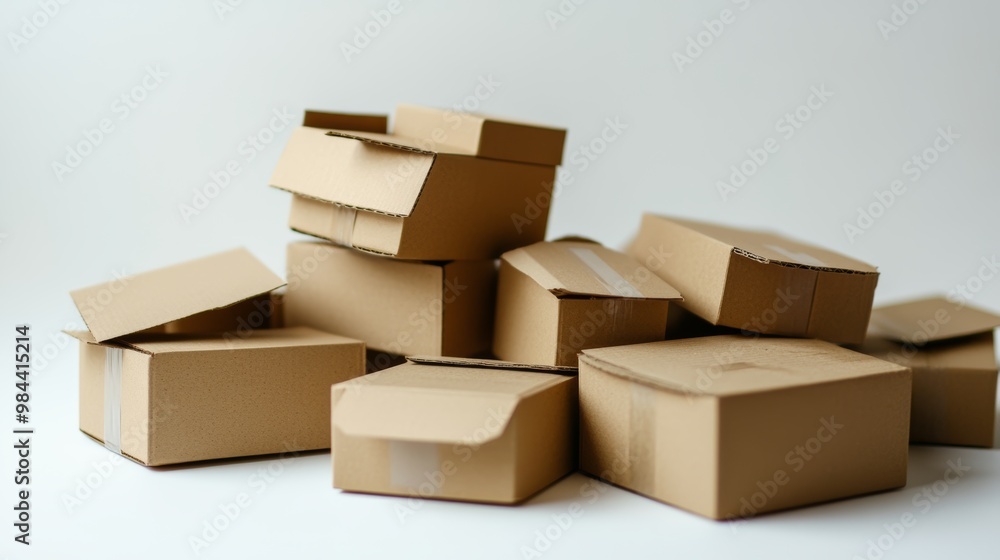 A pile of small brown cardboard boxes sits on top of a larger box. The background is plain white. A pile of small brown cardboard boxes sits on top of a larger box. The background is plain white.