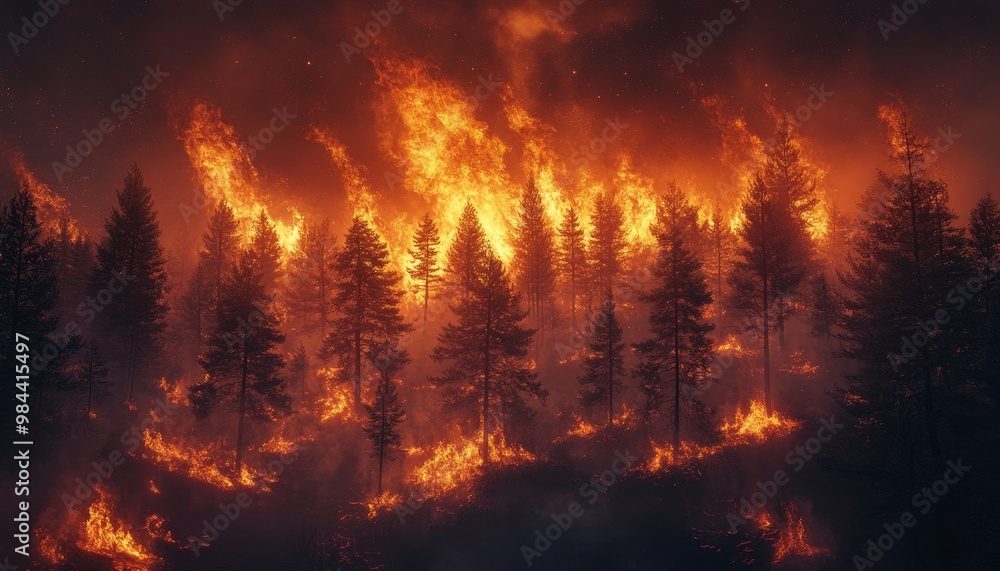 Raging Forest Fire: Devastating Effects on Young Pine Trees - Environmental Management Concept Raging Forest Fire: Devastating Effects on Young Pine Trees - Environmental Management Concept