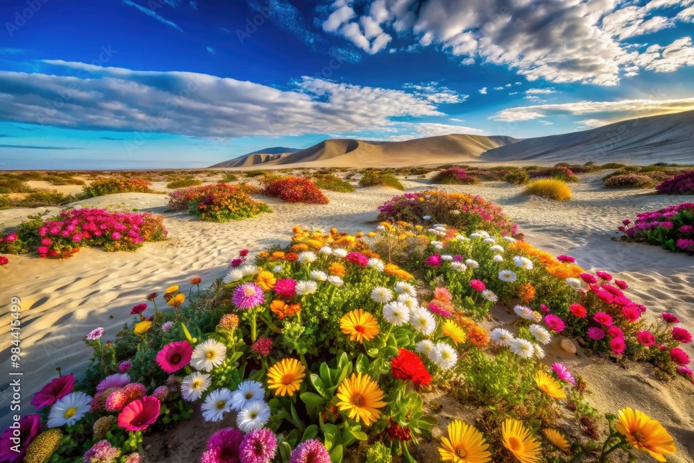 Sandy dunes rise and fall like waves as colorful flowers erupt from the arid earth, splashing color across the desert floor. Sandy dunes rise and fall like waves as colorful flowers erupt from the arid earth, splashing color across the desert floor.