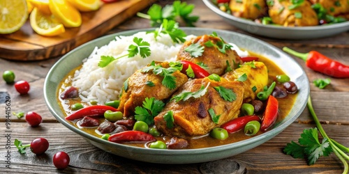 Savory Authentic Jamaican curry chicken dish served with fluffy rice and peas, accompanied by vibrant peppers and cilantro's freshness.