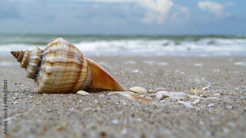 A beautiful shell image on a sandy beach. The shell has unique colors and patterns. It lies on the beach, surrounded by grains of sand A beautiful shell image on a sandy beach. The shell has unique colors and patterns. It lies on the beach, surrounded by grains of sand