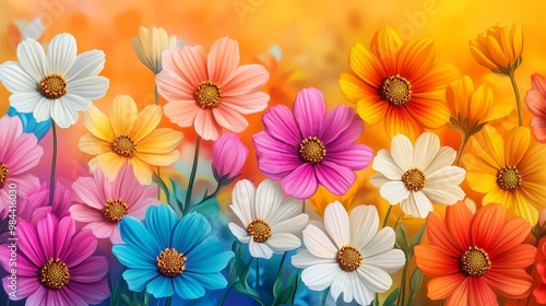 Cheerful Springtime Blooms: Vibrant Daisy Illustration with Happy Background