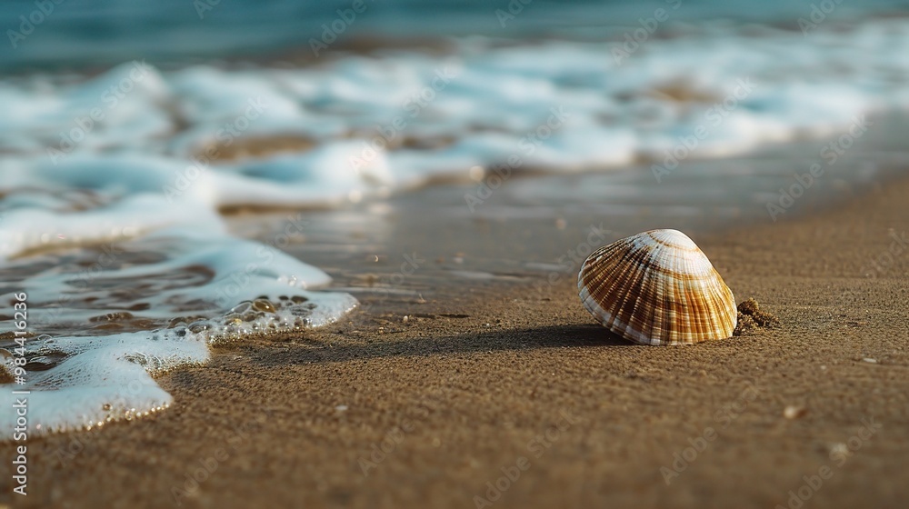 A beautiful shell image on a sandy beach. The shell has unique colors and patterns. It lies on the beach, surrounded by grains of sand A beautiful shell image on a sandy beach. The shell has unique colors and patterns. It lies on the beach, surrounded by grains of sand