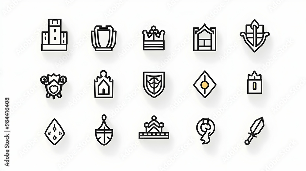 Collection of Black and White Line Icons Representing Royal and Medieval Symbols with Long Shadows Collection of Black and White Line Icons Representing Royal and Medieval Symbols with Long Shadows