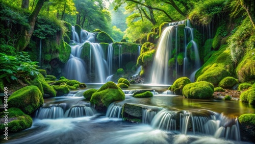 Silky waterfalls tumble over emerald moss, harmonizing with the soothing sounds of nature in a serene hot spring oasis.