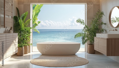 Modern Luxury Bathroom Interior with Sea View - 3D Rendered Design for Real Estate Advertisements