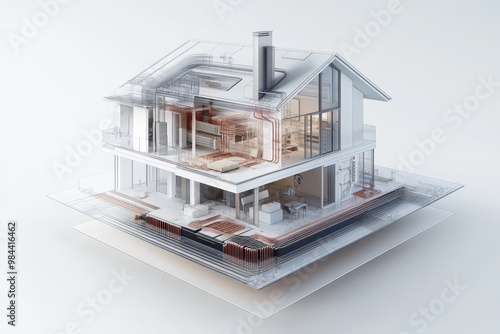Fototapeta Naklejka Na Ścianę i Meble -  Innovative 3D Illustration of Cross-Sectional Underfloor Heating System Technology for Home Improvement and Architectural Designs with Copy Space