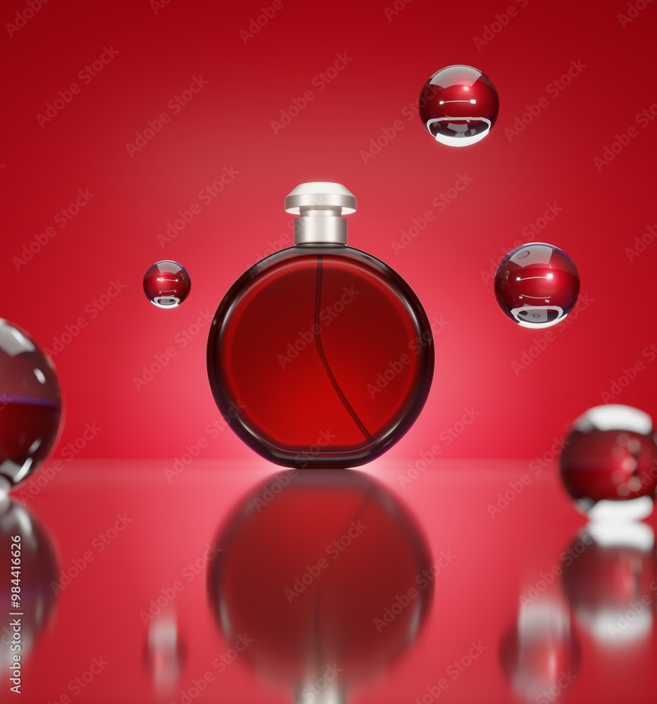 Red Elegance: Modern Perfume Bottle Design with Floating Orbs Red Elegance: Modern Perfume Bottle Design with Floating Orbs
