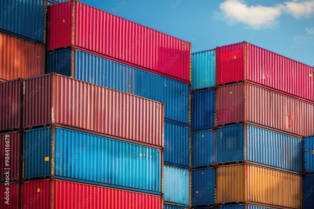 Fototapeta premium Stacks of cargo containers turning into a maze International Trade Obstacles confusing and complex trade barriers represented through cargo