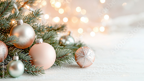 Elegant arrangement of Christmas ornaments nestled in pine branches, surrounded by a soft bokeh pink background of warm lights