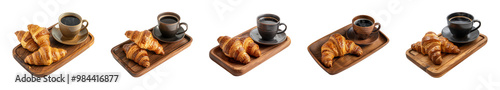 golden-brown croissants with a cup of black coffee on a wooden plate isolated on a transparent or white background, cut out, PNG 