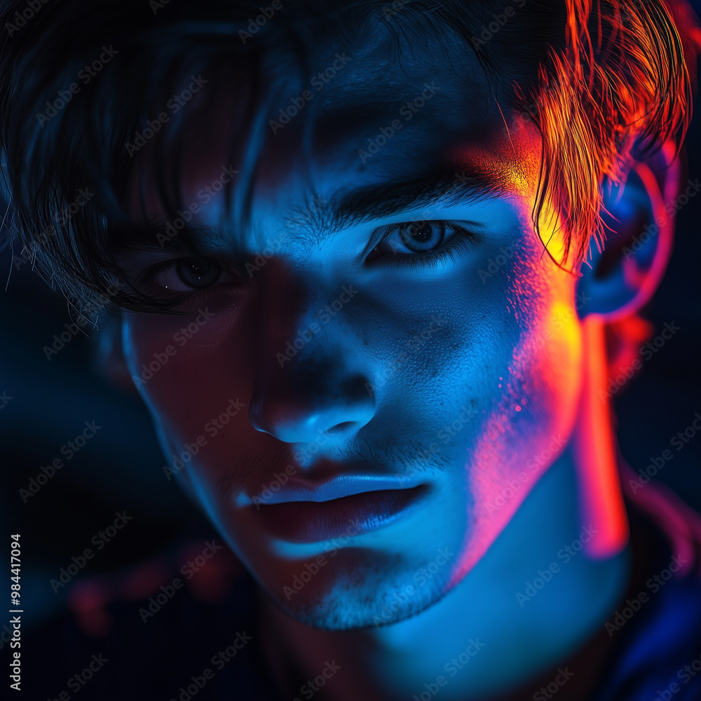 Photorealistic portrait of a young man , ambient lighting, cyberpunk style, neon colors, mysterious mood, well-drawn patterns and textures, image should have an artistic and modern atmosphere Photorealistic portrait of a young man , ambient lighting, cyberpunk style, neon colors, mysterious mood, well-drawn patterns and textures, image should have an artistic and modern atmosphere
