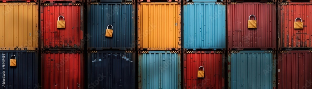 Stacks of shipping containers being blocked by red tape and padlocks, global shipping restrictions, international trade delay Stacks of shipping containers being blocked by red tape and padlocks, global shipping restrictions, international trade delay