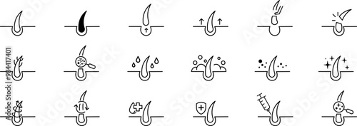 Hair care, follicle icon. Collection of outline icons of root growth care.