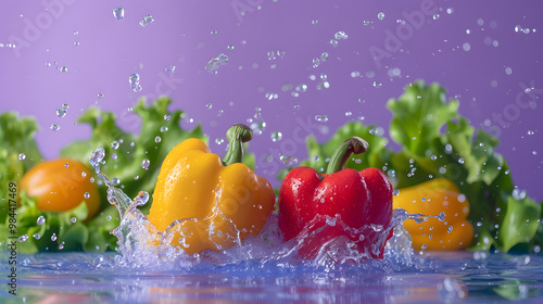 fruits and vegetables splashing in a graphic advertising background.