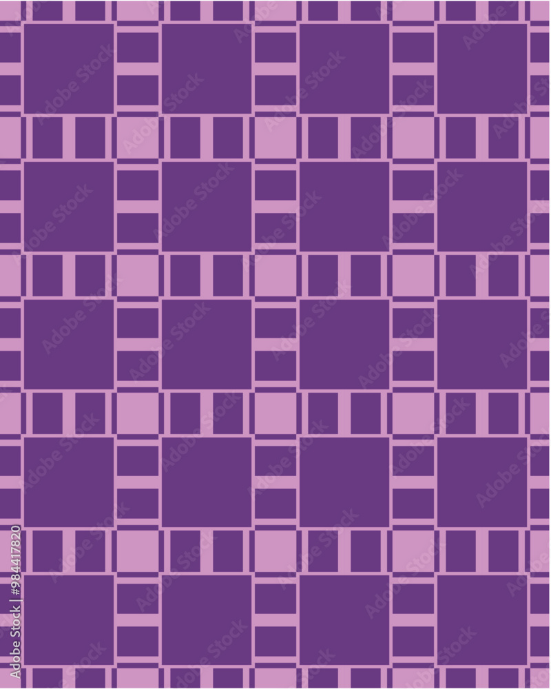 A geometric pattern featuring alternating squares and rectangles in shades of purple and pink, suitable for backgrounds or textile designs. A geometric pattern featuring alternating squares and rectangles in shades of purple and pink, suitable for backgrounds or textile designs.