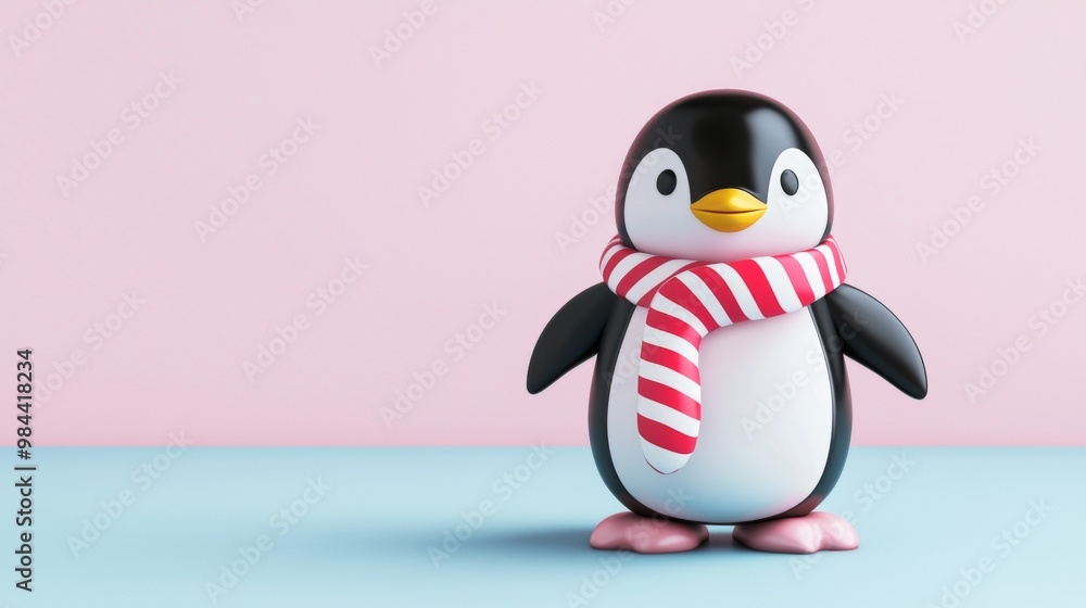 Obraz premium Cute penguin wearing a red and white scarf stands on a blue surface with a pink background, perfect for winter or holiday designs. Add festive cheer to your projects with this playful image!