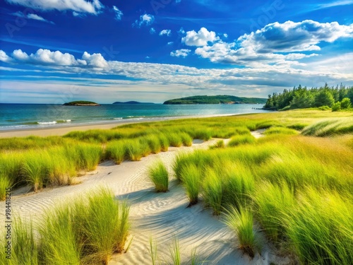 Softly lapping waves caress the coastal beach, where tall marsh grasses dance in the breeze and dunes shift, islands rising like misty sentinels in the distance. photo