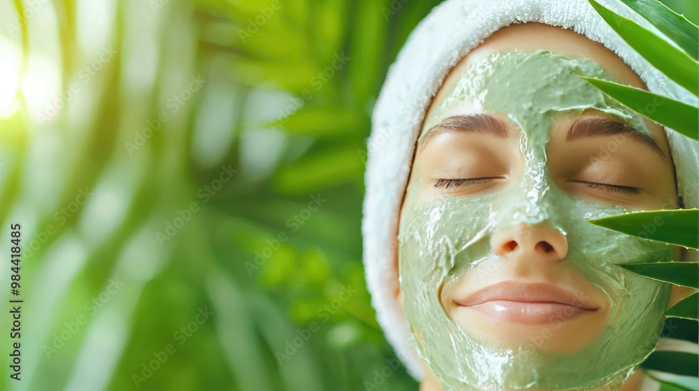 A woman enjoys a soothing spa ambiance while applying an aloe vera face mask, enhancing her skincare routine in a tranquil and relaxing atmosphere. A woman enjoys a soothing spa ambiance while applying an aloe vera face mask, enhancing her skincare routine in a tranquil and relaxing atmosphere.