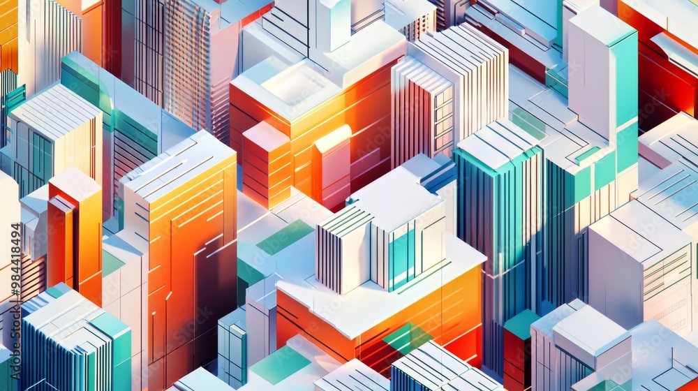 Abstract cityscape with geometric shapes in orange and teal, creating a modern urban landscape. Vibrant colors and clean lines give a futuristic feel Abstract cityscape with geometric shapes in orange and teal, creating a modern urban landscape. Vibrant colors and clean lines give a futuristic feel