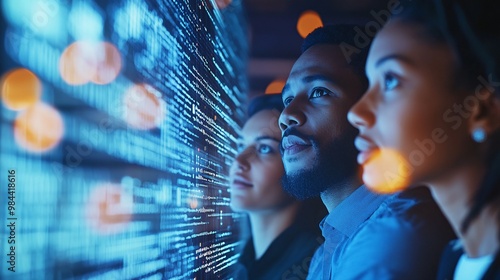 Three People Analyzing Data on a Digital Screen in a Modern Office