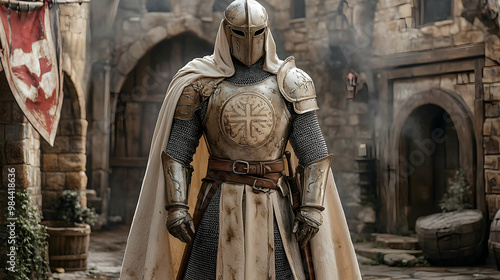 A Medieval Knight Standing Proudly in Full Armor with a White Cape, Embroidered with a Rose, in a Stone Courtyard, Surrounded by the Historic Architecture of a Bygone Era.