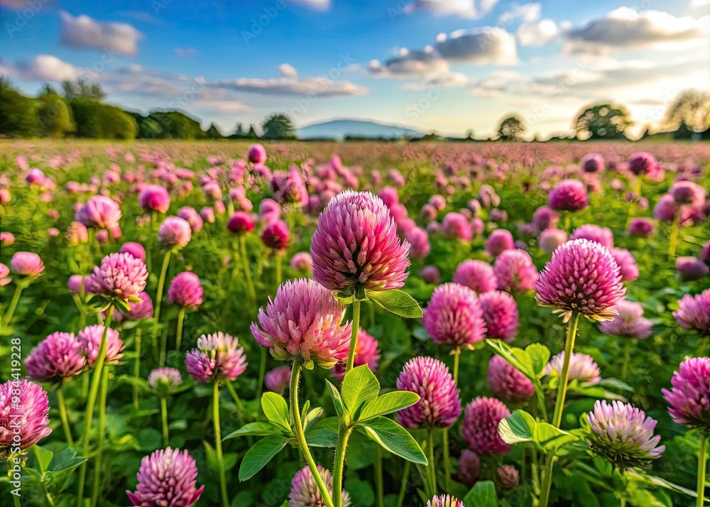 Obraz premium Soothing clover blooms unfurl in the lush green landscape, their delicate petals swaying gently in the summer breeze under a warm, cloudless sky.