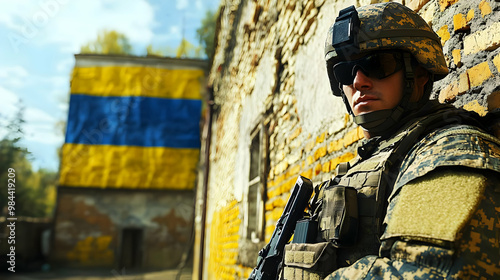 A Soldier Stands Guard Against a Brick Wall with a Blurry Flag in the Background